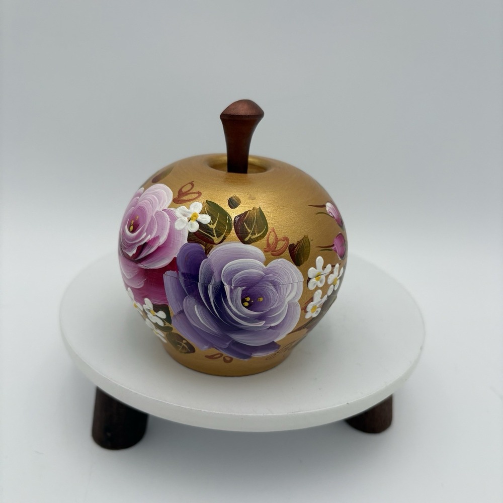 Hand-Painted Wooden Apple Trinket Dish‎ Gold Shimmer